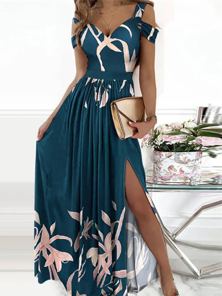 New Summer Elegant Sleeveless Dress Fashion V-Neck Slim Pleated Long Dress Sexy Ladies Off Shoulder Print Wrap Party Dress