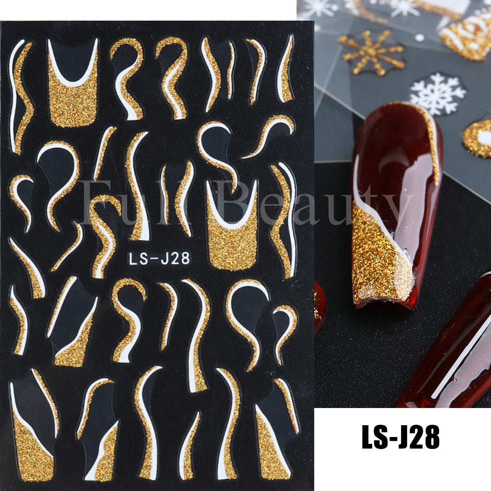 Christmas Nail Sticker 3D Reflective Shiny Glitter Gold Silver Snowflake Elk Bells Decal Slider For Manicure Decoration NLLS-J24