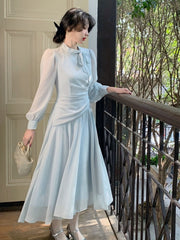 2023 Spring Pure Color Elegant Chiffon Midi Dress Women Outwear French Vintage Dress Female Casual One Piece Dress Korean Chic