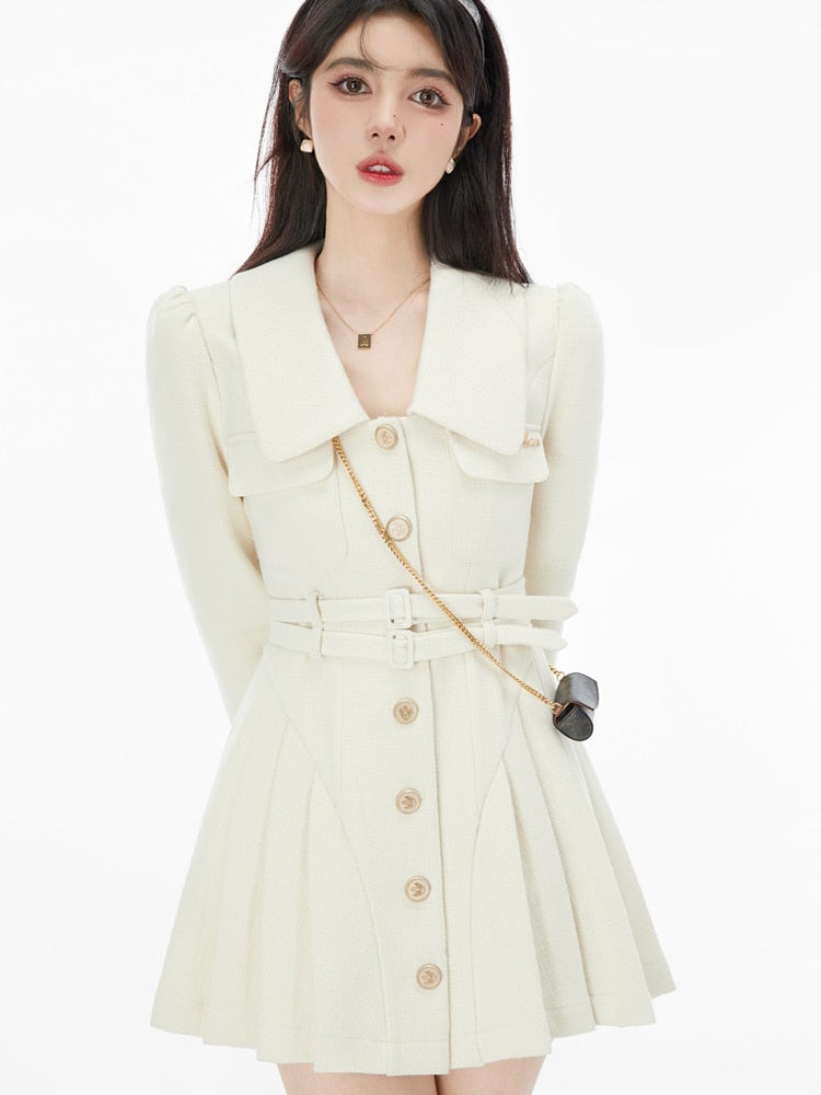 Hoobd France Vintage Party Mini Dresses Women Korean Style Elegant Pleated Dress Female Warm Sweet Retro Dress Coat Autumn Winter