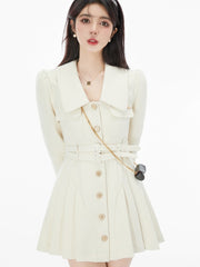 Hoobd France Vintage Party Mini Dresses Women Korean Style Elegant Pleated Dress Female Warm Sweet Retro Dress Coat Autumn Winter