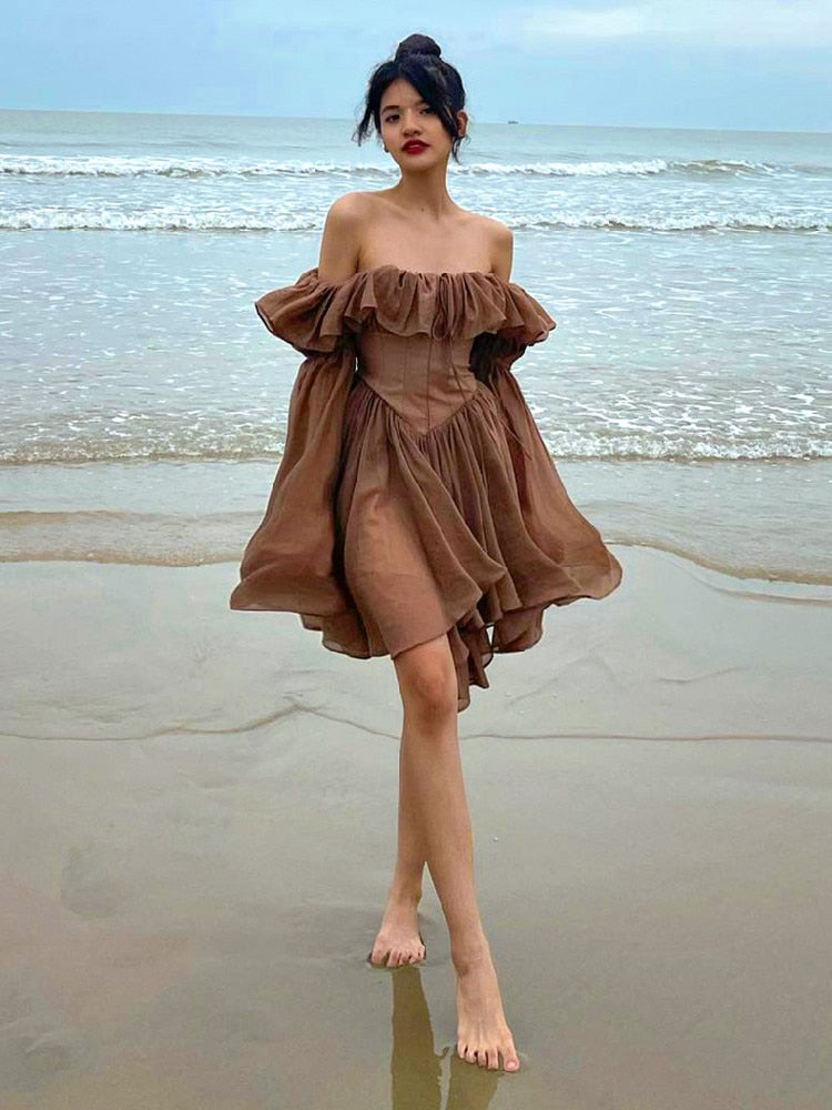 Hoobd Elegant Chiffon Corset Dress Brown Flare Long Sleeve Mini Dresses Vacation Short Party Dress Ruffles Slash Neck Outfit