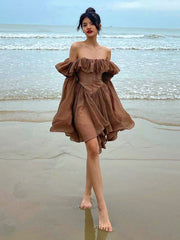 Hoobd Elegant Chiffon Corset Dress Brown Flare Long Sleeve Mini Dresses Vacation Short Party Dress Ruffles Slash Neck Outfit