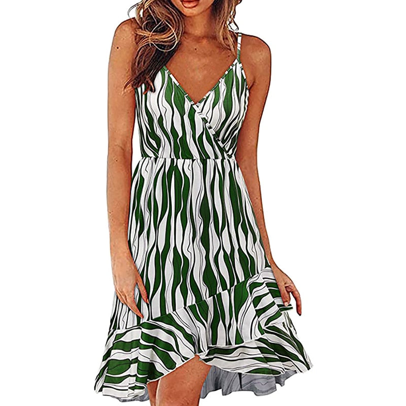 Hoobd S-2XL 17Colors Print Ruffles Sleeveless Fit Flare Dress Casual V-Neck Women Beach Party Entertainment Daily Suspender Wear