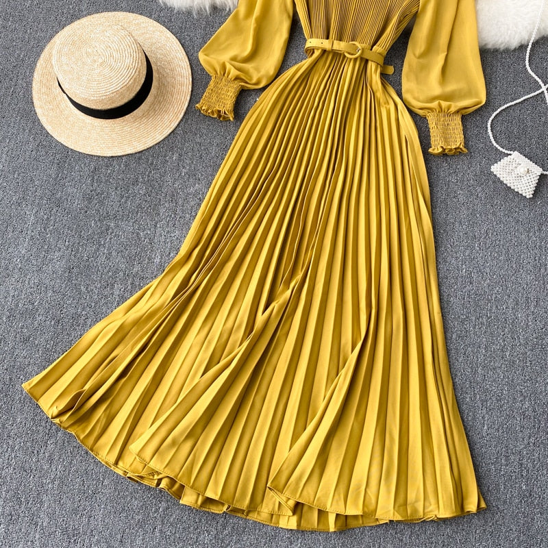 Women&#39;s Elegant Long Dress Spring and Summer Bubble Long Sleeve Pleated Belt Long Skirt 2023 Ladies French Temperament New Dress