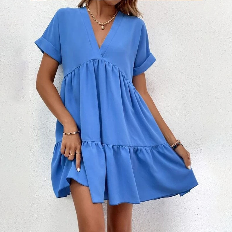 Casual Women Short Sleeve Mini Dress 2023 Spring Summer V-neck Loose Dresses Cute Solid Big Hem Beach Dress Robe De Plage