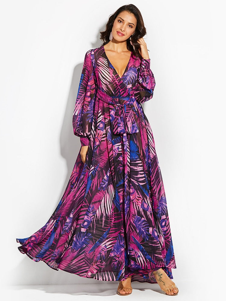 Hoobd Dresses for Women 2023 New Spring Summer Printed Sexy Dress Women Clothing V-Neck Long Dresses Bohemian Elegant Women&#39;s Dresses