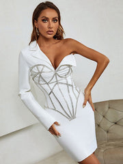 2023 Fall New Women's Diamond Beaded Mini Skinny Sexy V-neck Single Sleeve Bandage Dress Celebrity Runway Party Dress