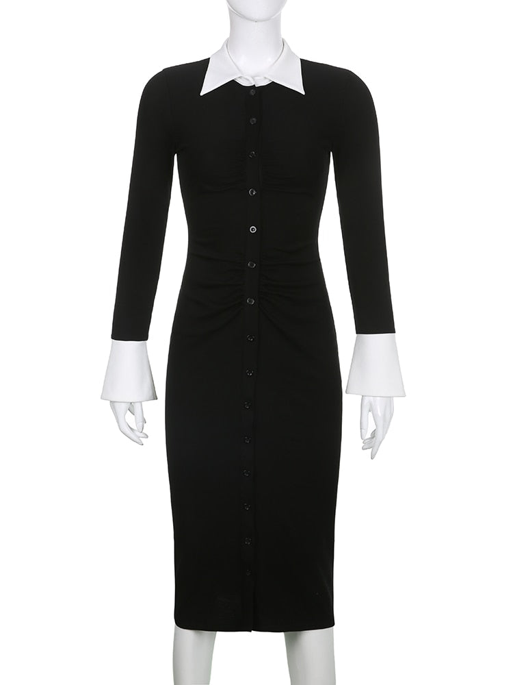 Eleganta Fashion Folds Bodycon Shirt Dress Sexy Slim Turn-Down Collar Long Sleeve Midi Dresses For Women Autumn Spring