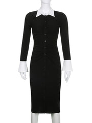 Eleganta Fashion Folds Bodycon Shirt Dress Sexy Slim Turn-Down Collar Long Sleeve Midi Dresses For Women Autumn Spring