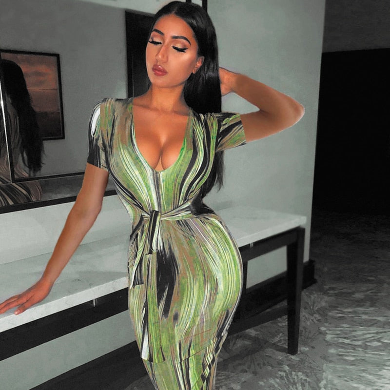 Hoobd Sexy Bandage Dress Waist Illusion Dress 2023 Women V-neck Maxi Dresses Ladies Tie-dye Wave Print Party Dresses Tight Dresses