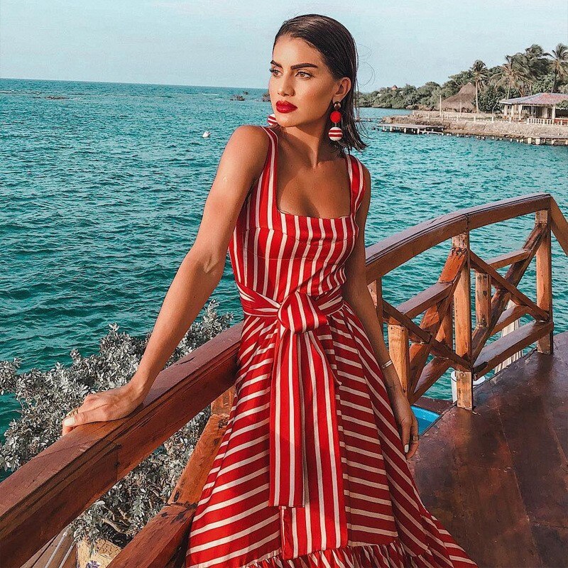 Hoobd Women Dress Striped 2024 summer beach dress Bohemia Dress Sexy Long Maxi Dresses Bow Lace Up Ruffles Long Summer Dress