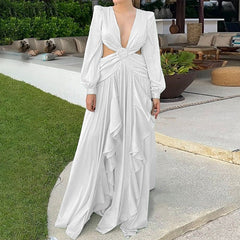Woman Dress  High Waist V-neck Women's Dress Pleated Solid Color Ruffled Dress Dresses For Women