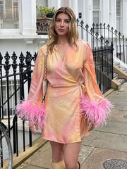Spring Dress V-neck Feather Long Sleeve Print Mini Party Dress