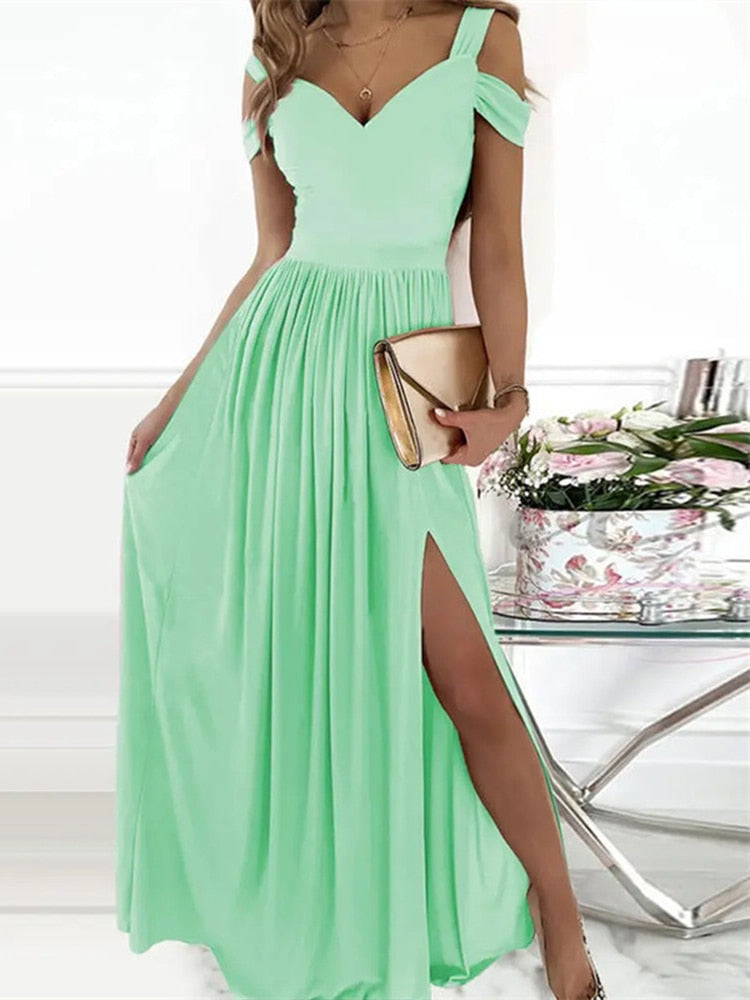 New Summer Elegant Sleeveless Dress Fashion V-Neck Slim Pleated Long Dress Sexy Ladies Off Shoulder Print Wrap Party Dress