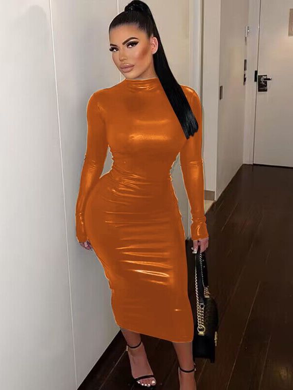 Party Dresses For Women Outfits Black Midi Bodycon Dress Sexy Women Turtleneck Long Sleeve Pu Leather Party Dresses Club Elegant Autumn Winter