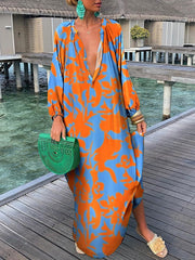 Hoobd Women Elegant V Neck Loose Party Dress Lady Retro Printing Long Sleeve Holiday Dress Autumn Casual Femme Dress Streetwear