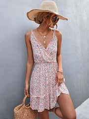 Hoobd Summer Boho Floral Dress Women V Neck Ruffle Short Dress Party Print Flower Spaghetti Strap Dresses For Women 2023