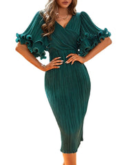 Women Bodycon Dress Pleated Ruffles Sleeves High Waist V Neck Sheath Slim Elegant Package Hip Celebrate Occasion Event Gowns New