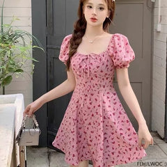 Korean Chic Dress Elegant Temperament New 2024 Woman Japan Floral Print V Neck A Line Lace-Up Bow Tie Retro Vintage Cute Dress