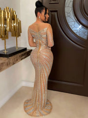 Hoobd Sexy Rhinestones Floor-length Evening Dresses Luxury Elegant Women's O-neck Long Sleeve See-through Mesh Night Club Long Dress