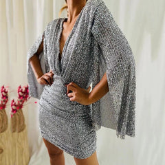 Hoobd Sexy Deep V-neck Solid Mini Dress Women Elegant Batwing Sleeve Split Bodycon Dress Office Fashion Sequins Backless Party Dresses