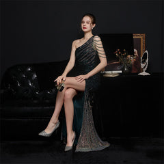 Elegant One Shoulder Slit Gold Sequin Evening Dress 2023 Women Beads Party Maxi Dress