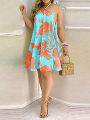 Hoobd Tropical Print Halter Backless Casual Dress Women Strapless Summer Dress