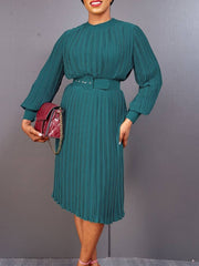 Women Pleated Dress with Waist Belt Loose Elegant Long Sleeves Office Ladies Spring Large Size New Trending 2023 African Female