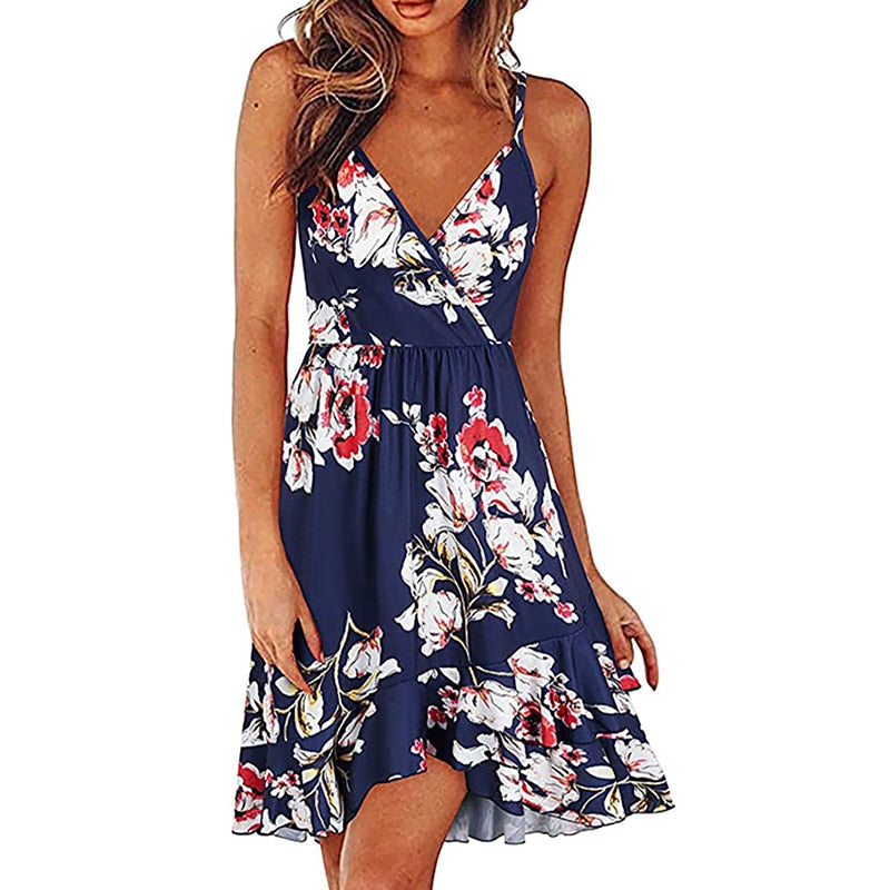 Hoobd S-2XL 17Colors Print Ruffles Sleeveless Fit Flare Dress Casual V-Neck Women Beach Party Entertainment Daily Suspender Wear