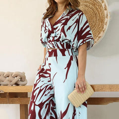 Women Two Piece Set Summer Fashion Print Short Sleeve V Neck Top Wide Legs Loose With Pockets Pantes Sets Streetwear