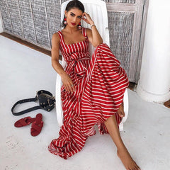 Hoobd Women Dress Striped 2024 summer beach dress Bohemia Dress Sexy Long Maxi Dresses Bow Lace Up Ruffles Long Summer Dress