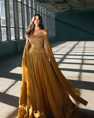 Hoobd Elegant Ginger Yellow Sequined A-line Chiffon Evening Dresses With Long Split Batwing Sleeve Boat Neck Long Evening Gowns