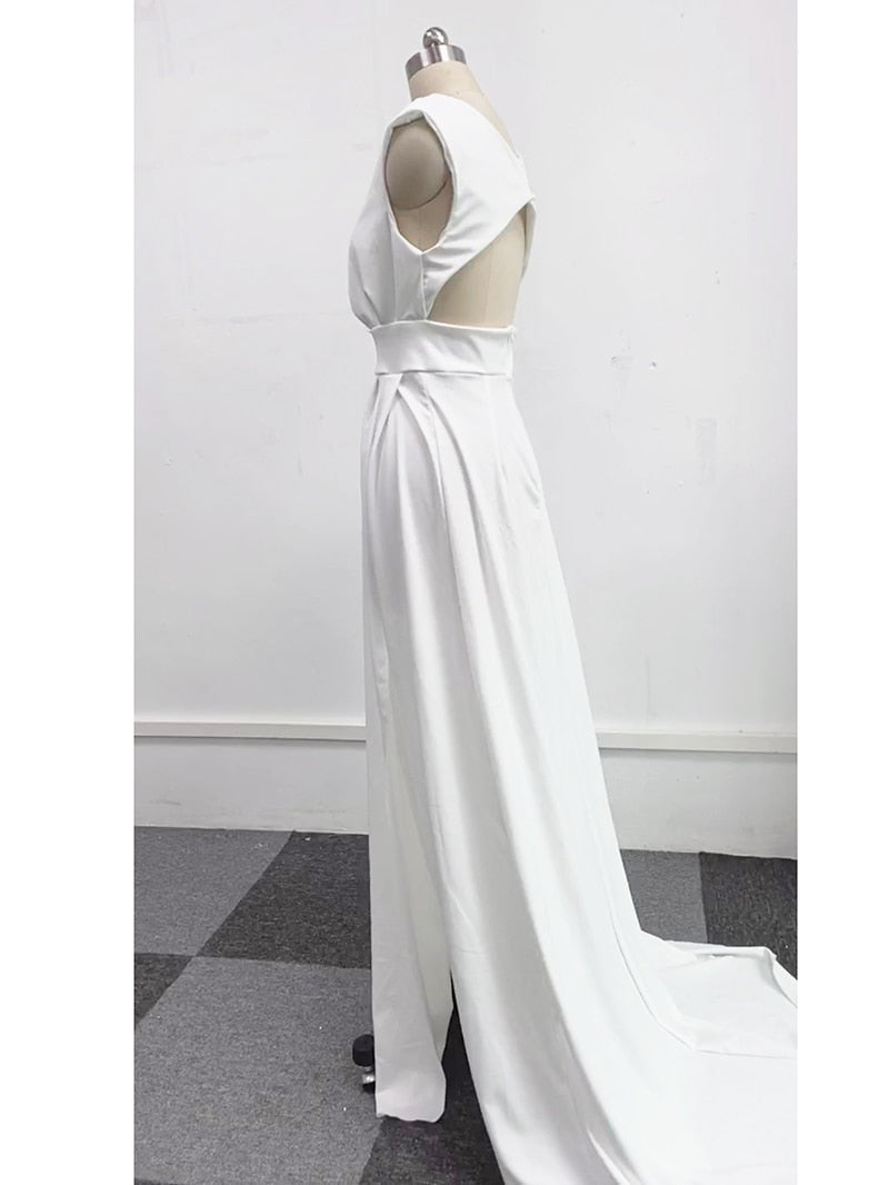 Hoobd Elegant Casual Women's Dresses Sexy V-neck Side Slit Backless White Long Skirt Wedding Banquet Bridesmaid Dress Evening Gown