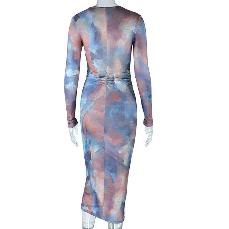 Casual Sexy O-neck Printed Bodycon Party Dress for Women Streetwear Y2K 2023 Spring Summer Ladies Nightclub Mid-calf Vestidos