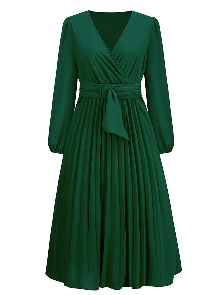 Dress for Women Solid Color V Neck Long Sleeve Slim-fitting Pleated Dress Spring Summer Temperament Elegant Evening Party Skirts