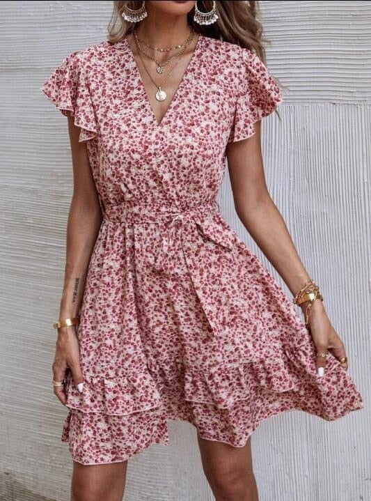 Hoobd Women's Temperament Street Foreign Trade Dress Waist V-neck Small Floral Long Dress Spring And Summer New