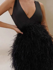 Hoobd Black Feather Dresses for Women 2023 Spring V-neck Sleeveless Lace-up Backless High Waist Tunics Short Evening Party Dresses