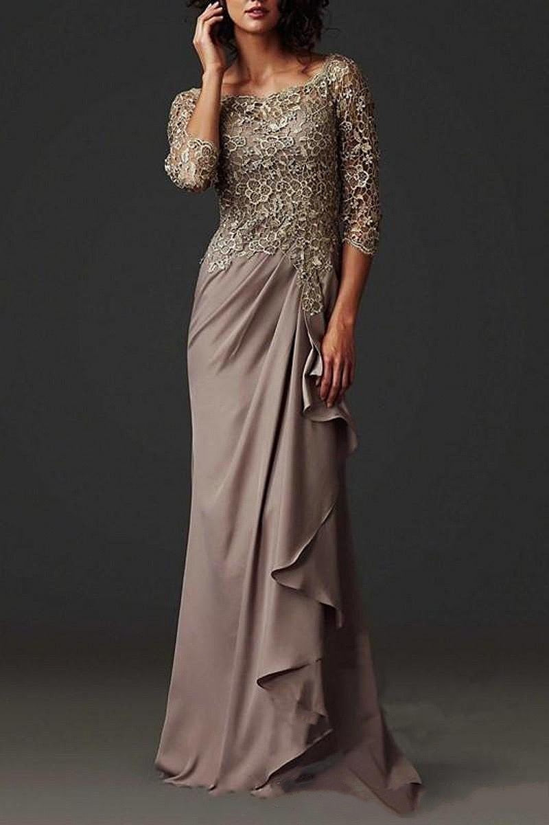 Hoobd Brown Mother Of The Bride Dresses O-Neck 3/4 Sleeves Pleat Chiffon Appliqued Lace Formal Party Groom Mother Evening Gowns