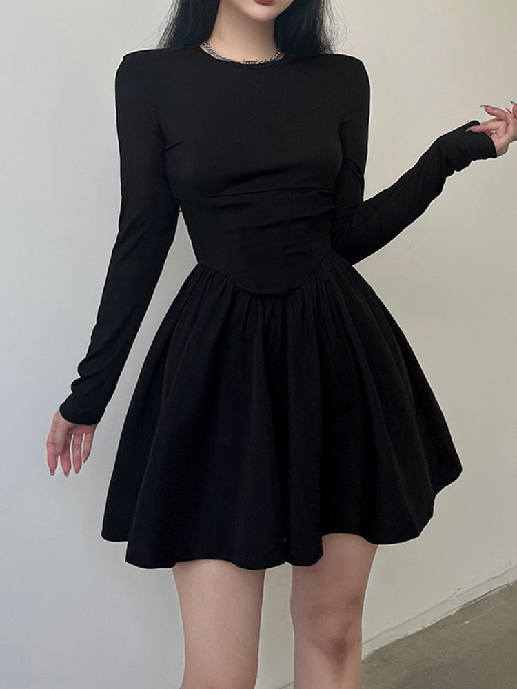 Korean Clothes Long Sleeve Corset Black Dress Female Solid Basic O Neck Fashion Autumn Dress Pleated Slim Elegant New