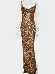 Hoobd Leopard Print V-Neck Sexy Bodycon Long Dress Women Lace Up Backless Summer Dresses Female Straps Party Beach Vestidos