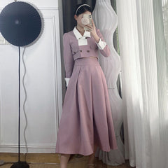 High Quality French Vintage 2 Piece Set Women Long Sleeve Crop Top + Long Skirt Suits Korean Elegant Temperament Two Piece Sets
