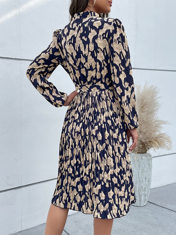 2023 New Fashion Women's Spring Pleated Print V Neck Long Sleeve Dress For Ladies Lace Up High Waist Dresses