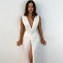 2023 Summer Fashion Ruched Long Dress Sexy Backless V Neck Hight Slit Women Bodycon Party Maxi Dress