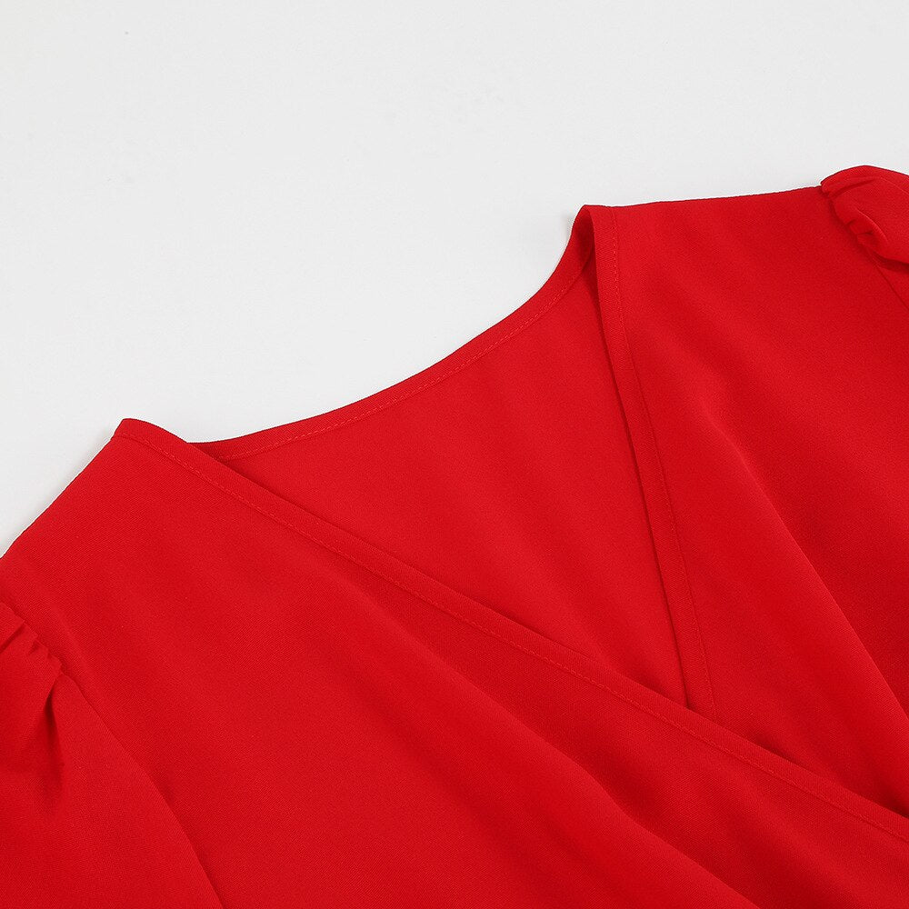 Dress for Women Solid Color V Neck Long Sleeve Slim-fitting Pleated Dress Spring Summer Temperament Elegant Evening Party Skirts