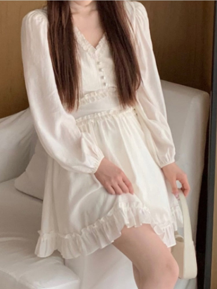 French Elegant Mini Dress Women Solid Basic Sweet Vintage Chiffon Dress Office Lady One Piece Dress Korean Solid 2023 Spring