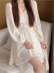 French Elegant Mini Dress Women Solid Basic Sweet Vintage Chiffon Dress Office Lady One Piece Dress Korean Solid 2023 Spring