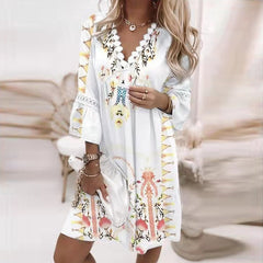 Hoobd Vintage Print Trumpet Sleeve Boho Beach Dress Women Fashion Lace Patchwork V-Neck Party Dresses Lady Loose A-Line Dress Vestidos