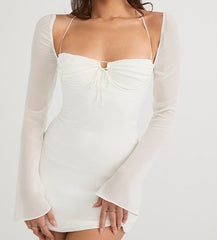 Sexy Chiffon Mesh Mini Dress Women Low Cut Halter Solid Long Sleeve White Dress Girl Club Party Babydoll Bodycon Dress