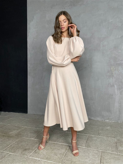 Hoobd Midi Dress O-neck Lantern Sleeves Casual A-line Elegant Female Clothing